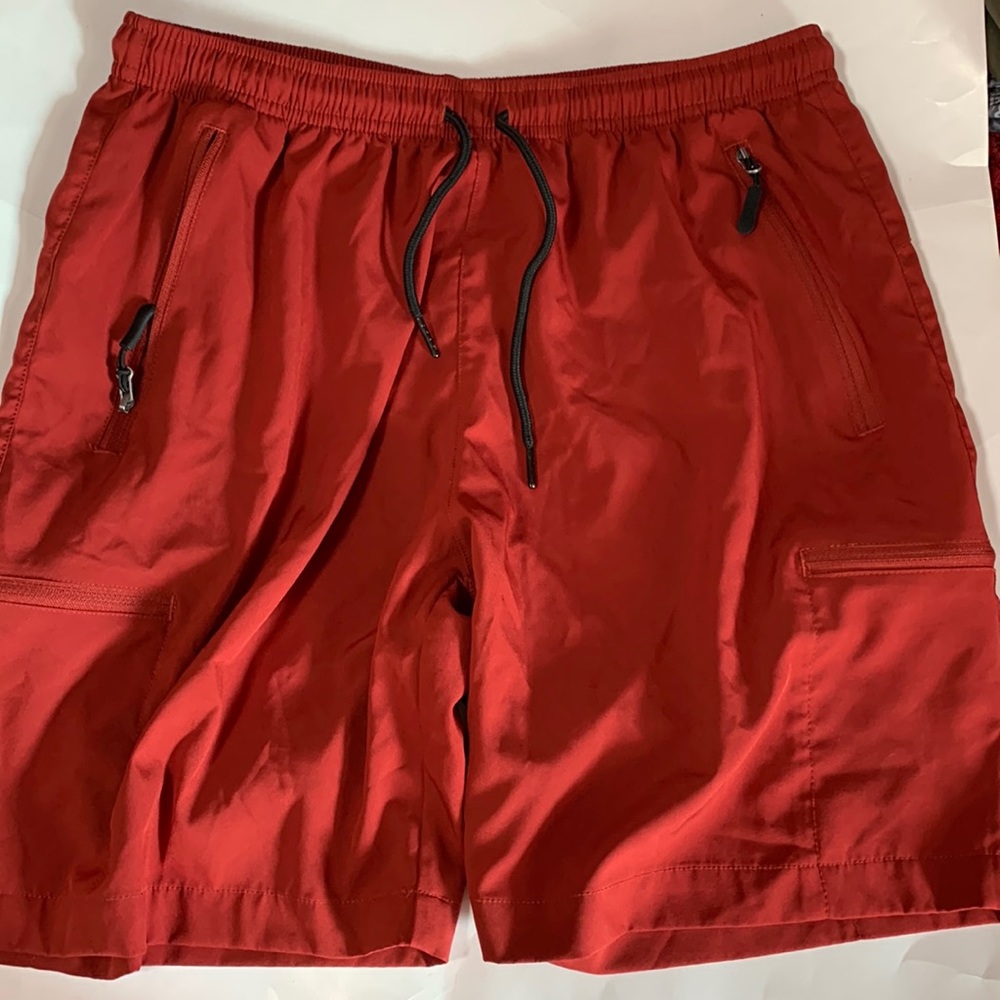 SANTINY men’s light weight cargo shorts rust orange in color size L